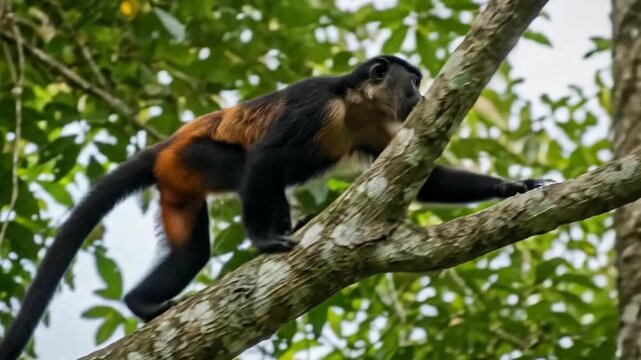 A monkey with black and orange fur is perched on a tree branch. The monkey is in a natural environment with lush green foliage in the background.