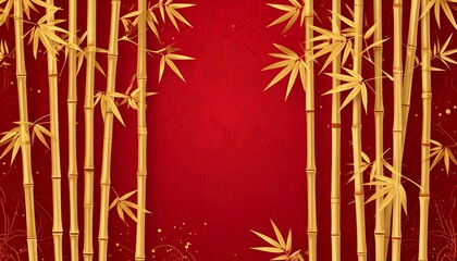 Golden bamboo stalks on vibrant red background with leaves
