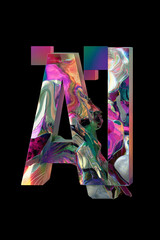 Futuristic modern design abstract concept of artificial intelligence. AI text title inscription against vibrant trippy colorful shapes.