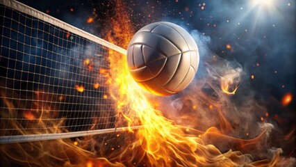 Fototapeta premium Fiery Volleyball Ace A blazing sphere of athletic energy explodes through the net, igniting a fiery passion for the game.