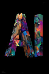 Futuristic modern design abstract concept of artificial intelligence. AI text title inscription against vibrant trippy colorful shapes.