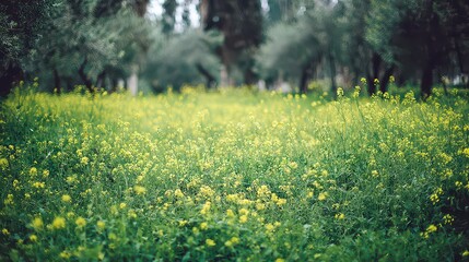Obraz premium Scenic Field of Yellow Flowers Under Lush Green Trees in Soft Focus with Natural Light and Calming Vibe Capturing Springtime Freshness in a Natural Environment