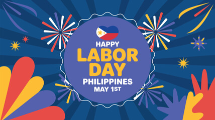 Happy Labor Day Philippines celebration banner with fireworks and flag heart on a dark blue background