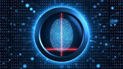 Futuristic digital processing of a biometric fingerprint scan for access, identification, and security authentication over a glowing blue binary code background representing big data - Powered by Adobe
