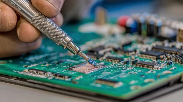 Closeup of hands repairing a protective coating on a circuit board restoring its electromagnetic interference shielding properties.