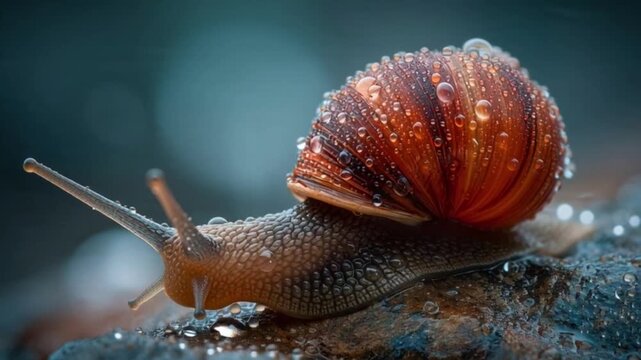Garden Snail Glistening with Raindrops on its Shell, Slowly Crawling in Nature After a Wet Morning
