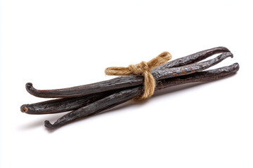 Dried vanilla sticks spice tied with tourniquet isolated on white background.