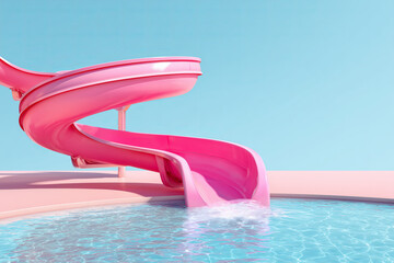 Pink water slide curves against pastel blue background and clear swimming pool water. Vibrant summer holiday background concept.