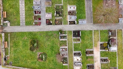 Aerial View of a Small Cemetery with Ordered Graves and Pathways