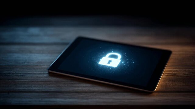 Cyber security concept showing a digital tablet with a glowing padlock icon on its screen, symbolizing data protection, privacy, and secure internet access on a dark wooden background