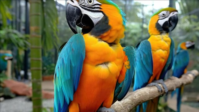 A pair of colorful parrots perched on a branch in an indoor enclosure.