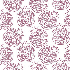 Seamless pattern with red pomegranates outline style. Hand drawn pomegranates pattern on white background or fabric colorings and prints