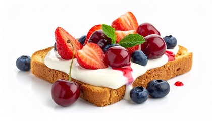 Yogurt dessert topped with strawberries, blueberries, and cherries on baked toast