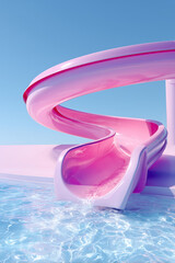 Pink water slide curves against pastel blue background and clear swimming pool water. Vibrant summer holiday background concept.