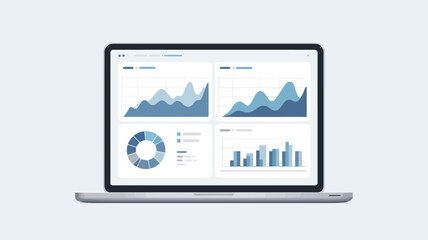 Laptop screen showcasing a comprehensive business analytics dashboard with various data charts in blue tones