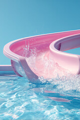 Pink water slide curves against pastel blue background and clear swimming pool water. Vibrant summer holiday background concept.