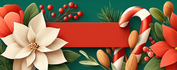 Obraz premium Festive poinsettia, candy cane banner with red label for holiday decoration and greeting card design