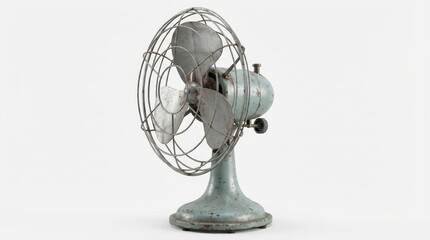 昭和レトロな青緑色の金属製扇風機の3Dレンダリング白背景 generative ai