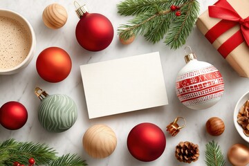 Obraz premium Christmas flat lay with ornaments, pine branches, gift box, and a blank card for holiday greetings