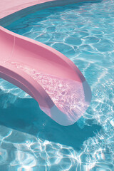 Pink water slide curves against pastel blue background and clear swimming pool water. Vibrant summer holiday background concept.