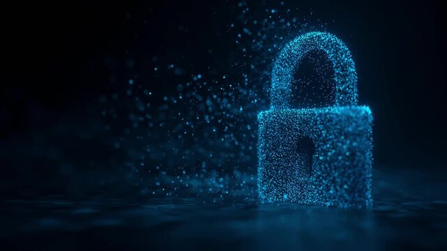 Futuristic blue padlock icon forming from glowing particles on a dark background, representing digital data protection, online network privacy, and secure internet access technology