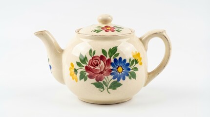 昭和レトロな花柄の陶器製ティーポットの3Dレンダリング白背景 generative ai
