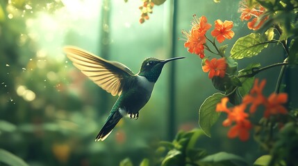Obraz premium Emerald Hummingbird Hovering Near Vibrant Orange Blossoms in Lush Setting