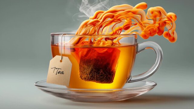 Dynamic sequence of tea infusion showcasing vibrant orange liquid swirling around tea bag in clear glass cup, steam rising, highlighting the brewing process and visual appeal of the beverage