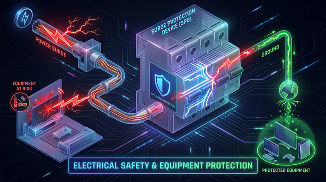 3D infographic of an electrical surge protection device (SPD) showing how power surges are diverted to the ground to protect home electronics and appliances from damage.