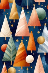 Obraz premium Abstract Christmas tree pattern with colorful cones, stars, and ornaments on a deep blue night sky