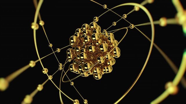 Gold Atom Animation &ndash; Zoom Out from Nucleus with Orbiting Electrons, 3d render