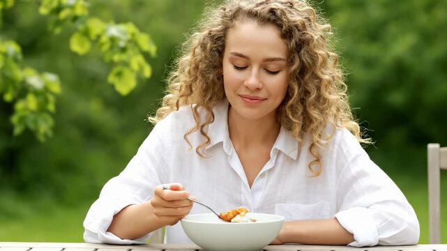 Woman enjoying delicious meal outdoors. She savors every bite with smiles in natural setting. Fresh air enhances positive atmosphere and joy of eating.