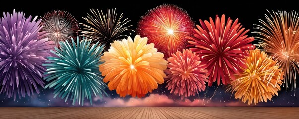 Colorful fireworks illuminate the night sky over a wooden stage, evoking celebration and festivity