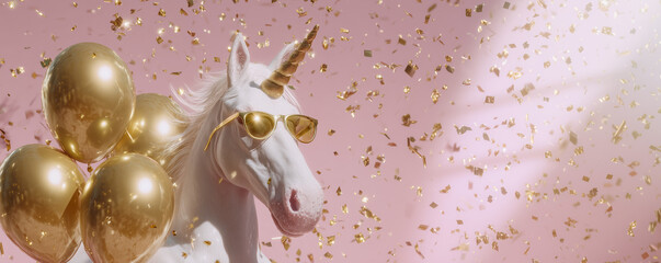 Funny unicorn wearing sunglasses holding happy birthday balloons and golden confetti explosion flying around greeting card on pink background with copy space.