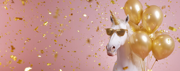 Funny unicorn wearing sunglasses holding happy birthday balloons and golden confetti explosion flying around greeting card on pink background with copy space.