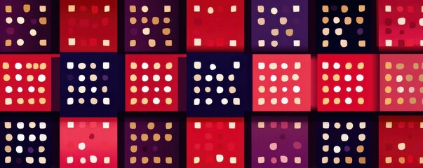 Abstract seamless pattern of red and navy blue squares with dot details in a bold grid design