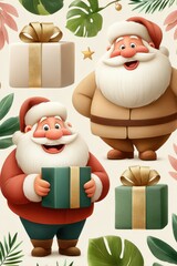 Obraz premium Cheerful cartoon Santa Claus figures with gifts and festive plant motifs for Christmas patterns