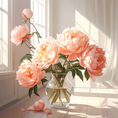 Peonies in vase on white table near sunlit window, soft light and color palette creates a serene scene