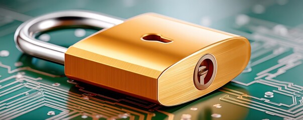 Gold padlock on a circuit board symbolizing cyber security and digital protection