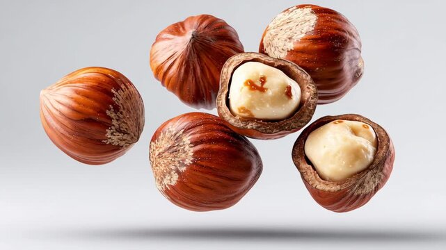 Floating hazelnuts in various stages of exposure revealing creamy centers and textured shells, showcasing the natural beauty and intricate details of nuts in motion against a soft gradient background