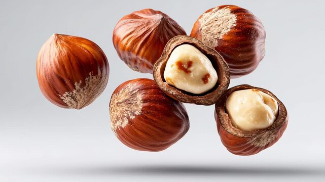Floating hazelnuts showcasing gradual exposure of inner creamy texture and rich color, highlighting the natural beauty and unique characteristics of these delicious nuts in a visually appealing arrang