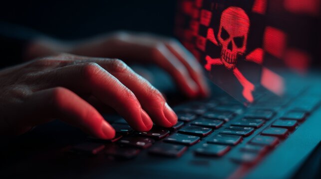 Hacker typing on keyboard with digital skull icon - Powered by Adobe