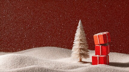 Red Christmas gifts and snowy trees in winter landscape