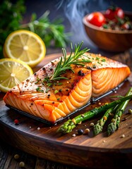 Perfectly seared salmon fillet on wood board, garnished with rosemary and asparagus, lemon slices nearby