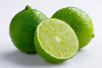 Fresh lime fruit cut in half isolated against white background, close up detail.