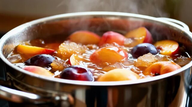 Closeup medium view of luscious stone fruit pieces melding with sugar and pectin in a stainless steel pot steaming gently while simmering for a fresh natural jam.