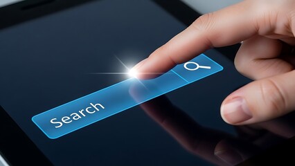 Finger pressing the search button on a digital tablet screen with a magnifying glass icon
