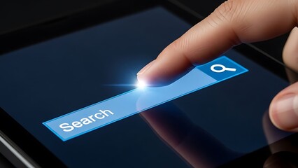 Finger pressing the search button on a digital tablet screen with a magnifying glass icon