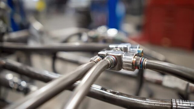 Robust stainless steel brake lines featured in a dynamic workshop setting emphasizing heavyduty materials and longlasting reliability for demanding driving conditions