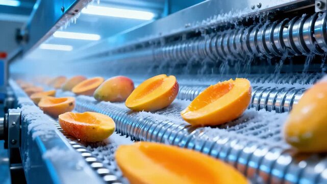 Closeup medium view of sliced mangoes moving along an IQF tunnel conveyor showcasing the freezing technology that locks in freshness and vivid color for tropical fruit